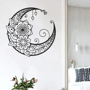 Mandala Flower Moon Metal Wall Art - 11.8-Inch Decorative Hanging Sign for Modern Boho Home Decor, Living Room, Bedroom, and Office Accent Piece