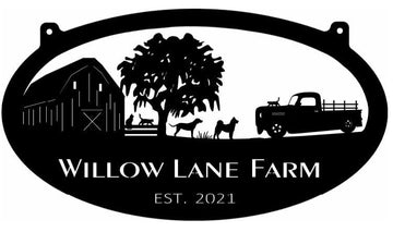 Metal FARM Sign with old pickup Fence and cats and dogs