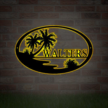 Custom Beach Decor| Lake House Decor | Personalized Tropical Patio or Pool Sign | Outdoor Sign Sunset Beach Monogram| LED Sign