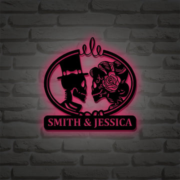 Customized Name Text Sign Skeleton Bride and Groom Metal Wall Art,Personalized Metal Wall Art Gift for Anniversary, Halloween Gothic Decor