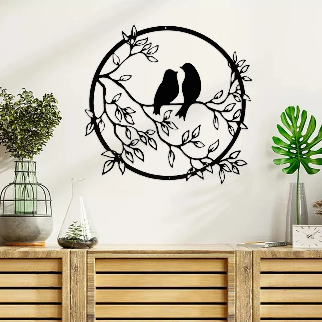 Black Metal Wall Art - Birds on Branch Silhouette Hanging Decor for Living Room, Office, and Garden