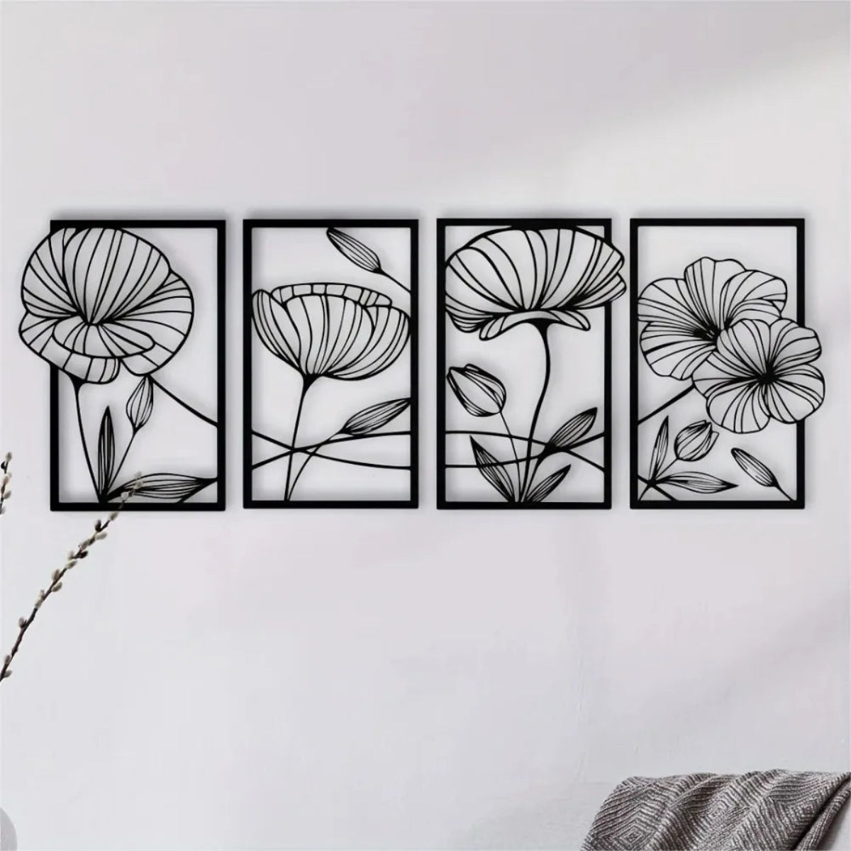 4-Piece Metal Lotus Flower Wall Decor – Minimalist Abstract Floral Line Art | Modern Metal Wall Sculpture for Living Room, Bedroom & Office