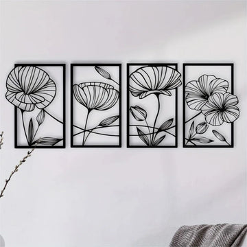 4-Piece Metal Lotus Flower Wall Decor – Minimalist Abstract Floral Line Art | Modern Metal Wall Sculpture for Living Room, Bedroom & Office