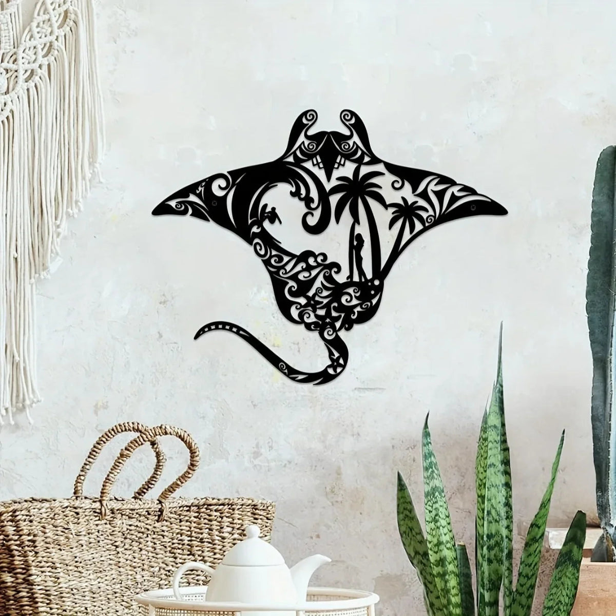 Coastal Manta Ray Metal Wall Art – Beach-Themed Wall Décor with Surfboard, Waves, Starfish & Palm Silhouettes for Living Room & Coastal Homes