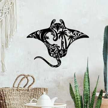 Coastal Manta Ray Metal Wall Art – Beach-Themed Wall Décor with Surfboard, Waves, Starfish & Palm Silhouettes for Living Room & Coastal Homes