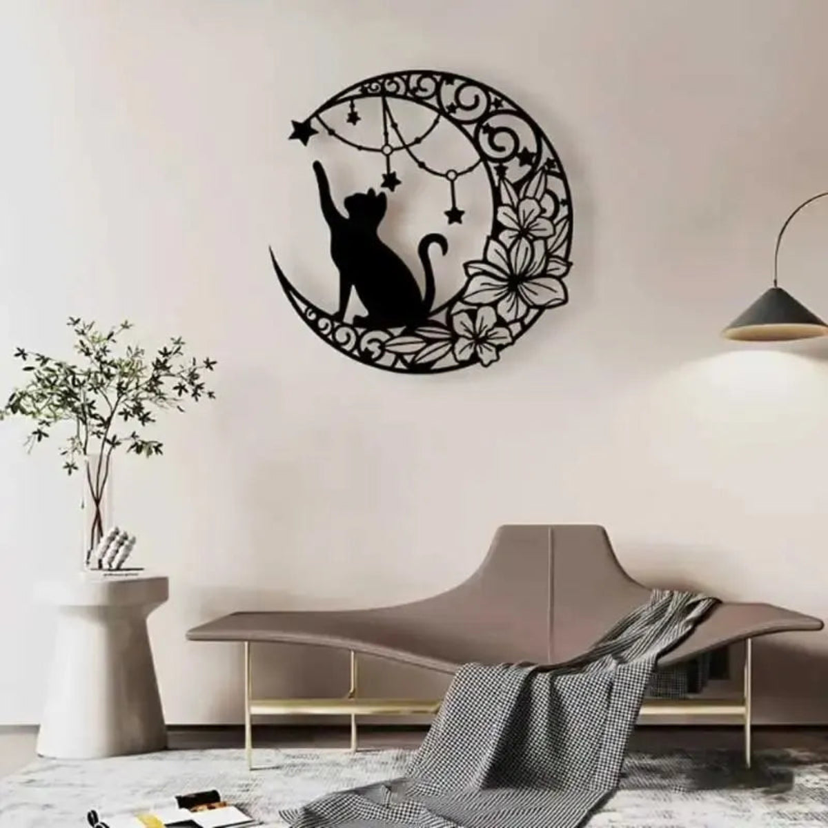 Moon & Black Cat Silhouette Wall Art – Minimalist Iron Wall Hanging Decor for Garden, Living Room & Home | Modern Metal Wall Sculpture