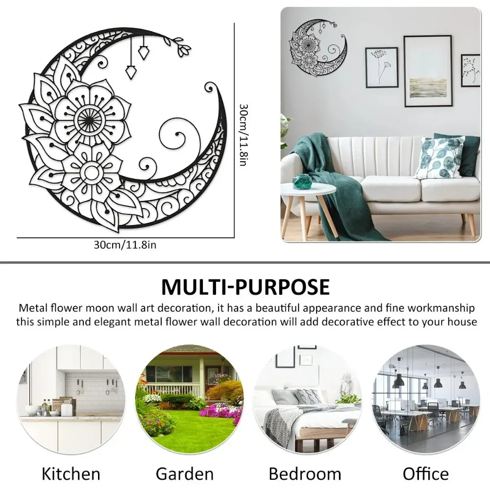 Mandala Flower Moon Metal Wall Art - 11.8-Inch Decorative Hanging Sign for Modern Boho Home Decor, Living Room, Bedroom, and Office Accent Piece