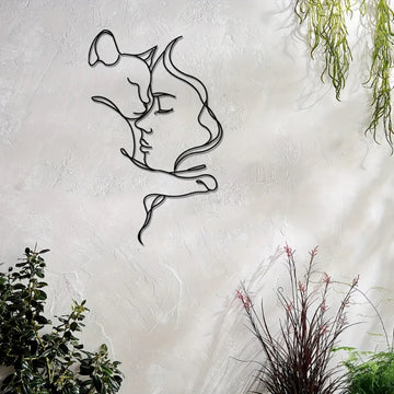 Elegant Cat and Woman Metal Wall Art – Minimalist Black Silhouette | Modern Metal Wall Decor for Cat Lovers, Living Room & Bedroom Aesthetics