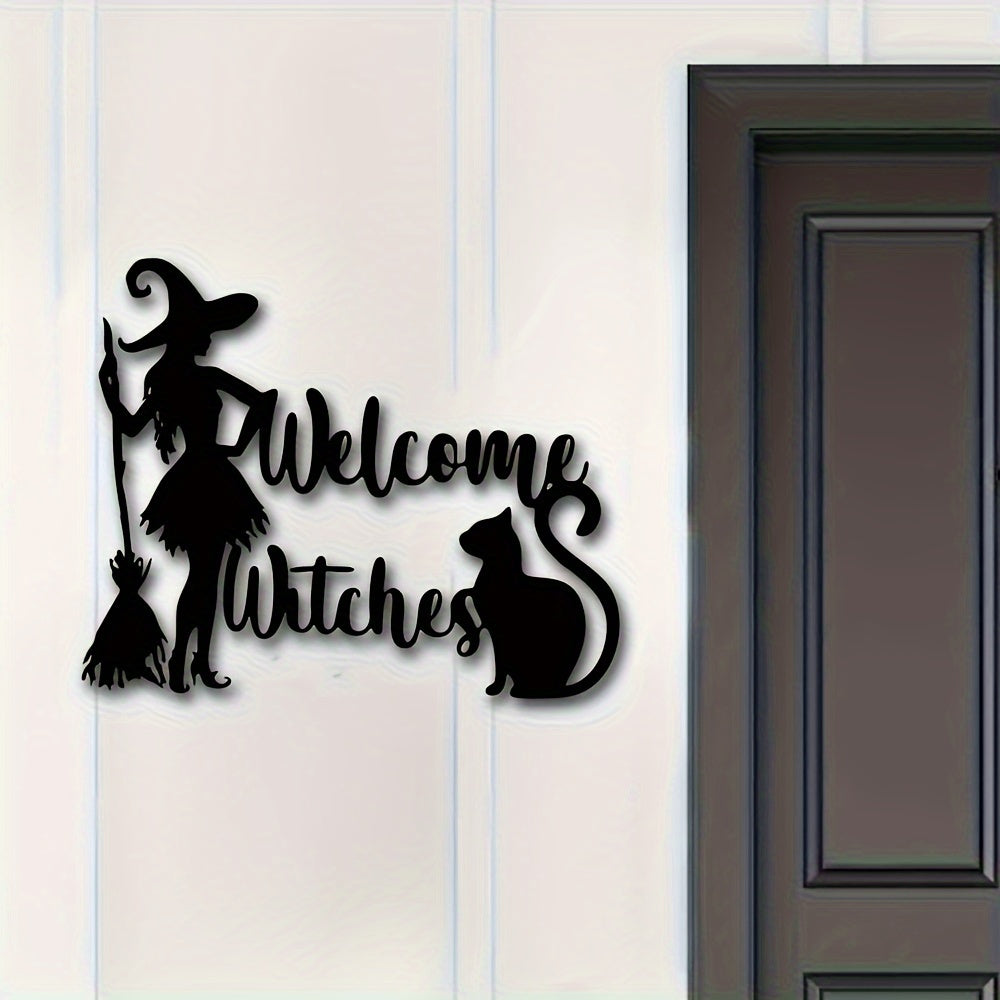 Acrylic Witch and Cat Halloween Welcome Sign – Classic No-Power Door Decor