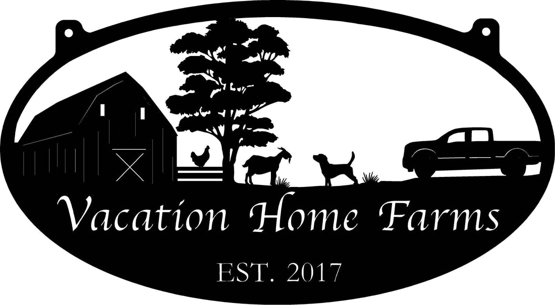 Metal FARM Sign with Fence and chicken, Goat and pickup