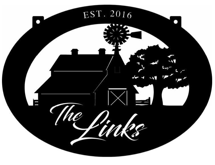 Metal barn sign with BARN WINDMILL silhouette in oval